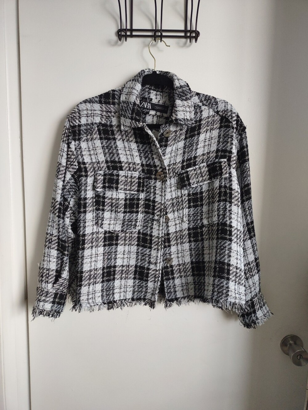 Zara Black & White Oversized Plaid Tweed Shacket